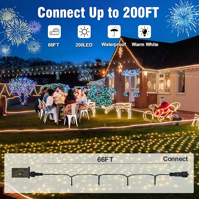 Nisocy LED Christmas Connectable String Lights Outdoor Waterproof – Warm White Fairy Lights with Plug, Tree Lights for Patio, Garden, Bedroom, Wedding, Party, Decor (66FT)