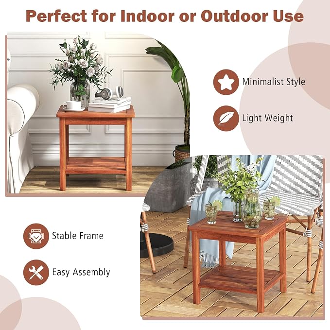 HAPPYGRILL Wood Outdoor Side Table Set of 2, Patio Square End Table, Sturdy Acacia Wood Coffee Table for Porch, Poolside, Backyard, Garden, Balcony, Living Room