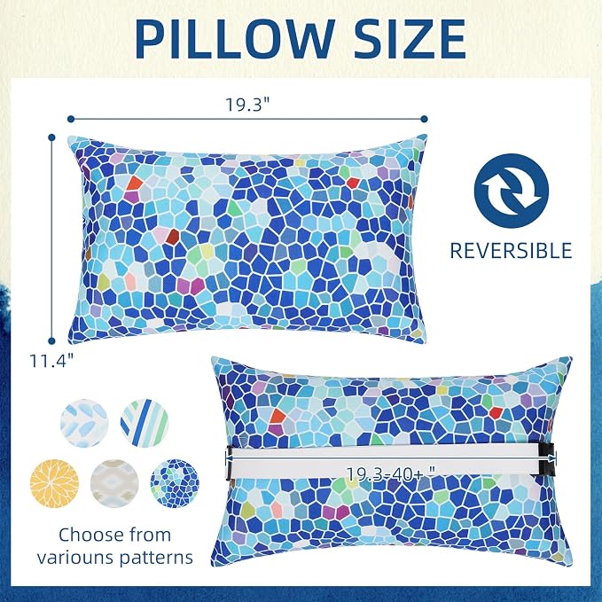 Chaise Head Rest Pillows Set of 2, Waterproof Outdoor Lounge Pillow Lumbar Pillows with Insert Adjustable Elastic Strap Decorative Pillows for Patio Beach Pool Chair, Blue Geometric