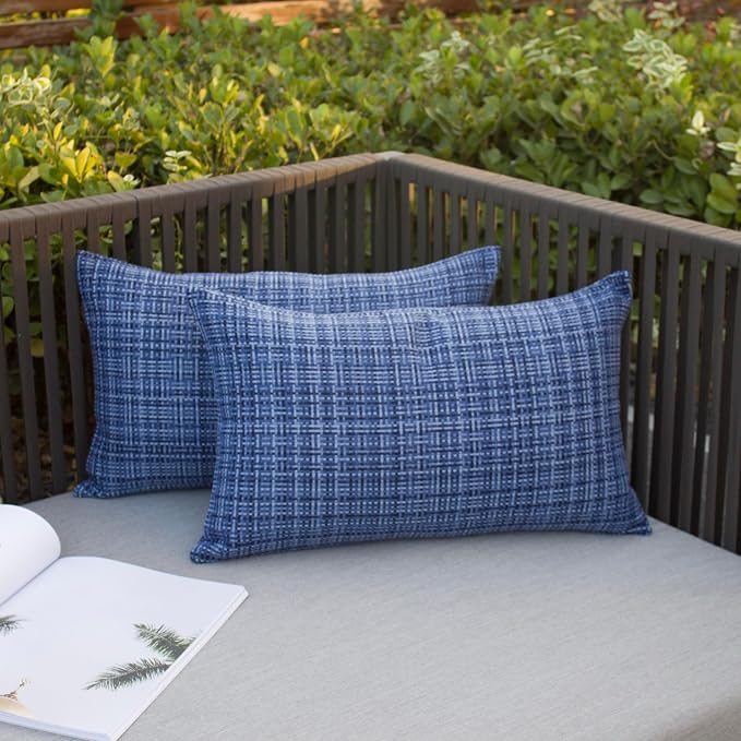 Kevin Textile Outdoor Waterproof 14"x24" Pillow Covers 2 Pack, Navy Blue | Water Resistant, Faux Linen Yarn-dyed, Woven Texture Throw Pillow Covers for Tent Patio Garden Couch Sofa