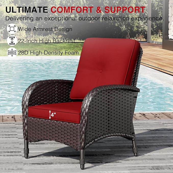 Joyside Wicker Patio Chairs, 3 Piece Rattan Outdoor Furniture with Thickened Cushions, High Back, Deep Seating, Wide Armrest, Outdoor Chairs for Porch, Deck