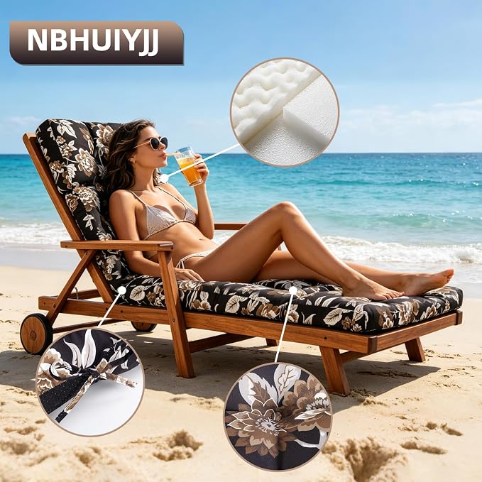 Patio Chaise Lounge Cushions, 70.5"x21"x4" Waterproof Replacement Beach Pool Lawn Outdoor Lounge Chair Cushion, Non-Slip Bottom & Secure Ties for Outdoor Furniture，Flower Black, 1Count