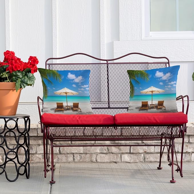 Swono Set of 2 Decorative Throw Pillow Covers Turquoise Sea, Tropical Ocean Beach Chair Palms Farmhouse Pillowcases Accent Pillow Cushion Cover for Couch Sofa Bed Office Armchair 18 X 18 Inch