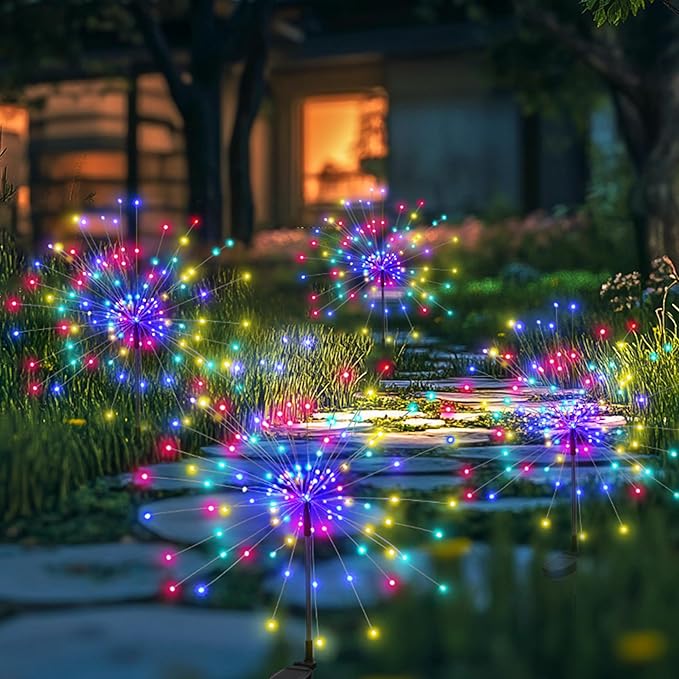 PEVOROS Solar Firework Fairy Garden Lights Outdoor, Colorful, 4 Pack | 120 LEDs, Waterproof, Fairy Garden Decor, Auto On/Off, Solar Powered, for Yard, Patio, Porch, Flower Pot, Pathway
