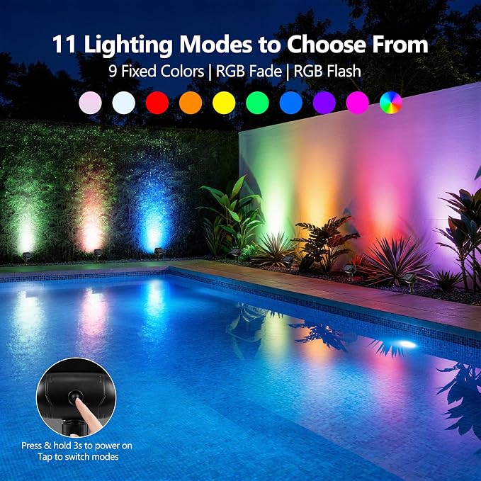 Brizled Solar Spot Lights Outdoor Landscape RGB Color Changing Spotlight | 360° Rotation Head; 9 Color & 11 Mode; IP65 Waterproof; Adjustable Height; Stake or Wall Mounted for Yard Tree Garden Pathway