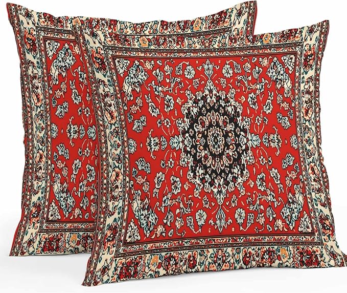 Vandarllin Outdoor Throw Pillows Covers 16x16 inch Set of 2 Waterproof Red Bohemian Decorative Zippered Cushion Covers for Patio Furniture, Boho Tribe Texture Lumbar Pillowcases