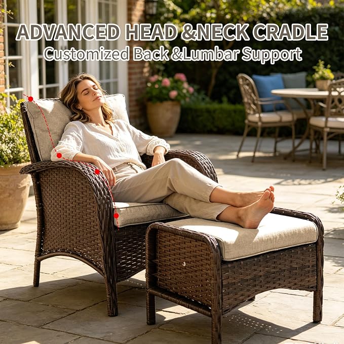 SHGJ&SOFT All Weather Patio Furniture Set, High Back Swivel Rocker Glider Chairs，Ottomans & Glass Tables, Outdoor Conversation Set for Deck Porch Yard Poolside (Brown, 5PCS-Sofa&Swivel Chairs&Tables)