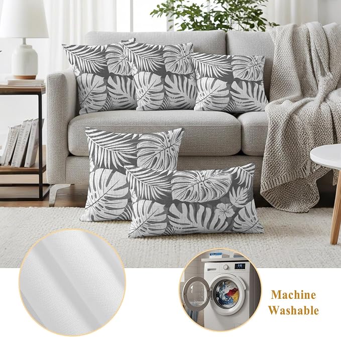 Grey Palm Leaves Outdoor Pillow Covers 18"x18" Set of 2, Tropical Botanical Modern Minimalist Waterproof Throw Pillow Covers for Patio Furniture, Decorative Cushion Covers for Porch