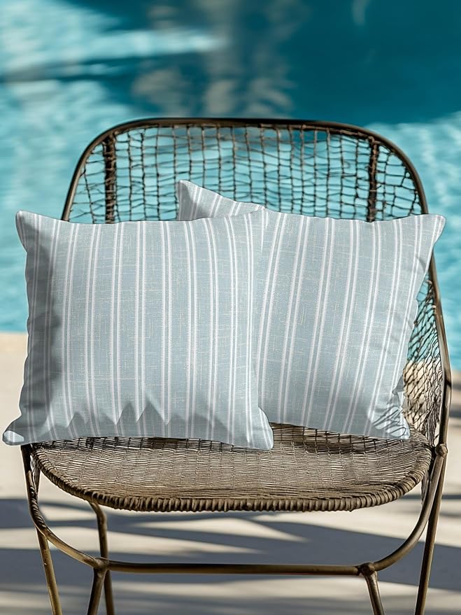 Waterproof Outdoor Pillow Set of 2 Blue Linen Striped Decorative Throw Pillows Cover & Insert 16x16 Inch Pillowcase Vertical Stripes Lines Pillows for Couch Sofa Bed Patio Furniture Indoor Outdoor