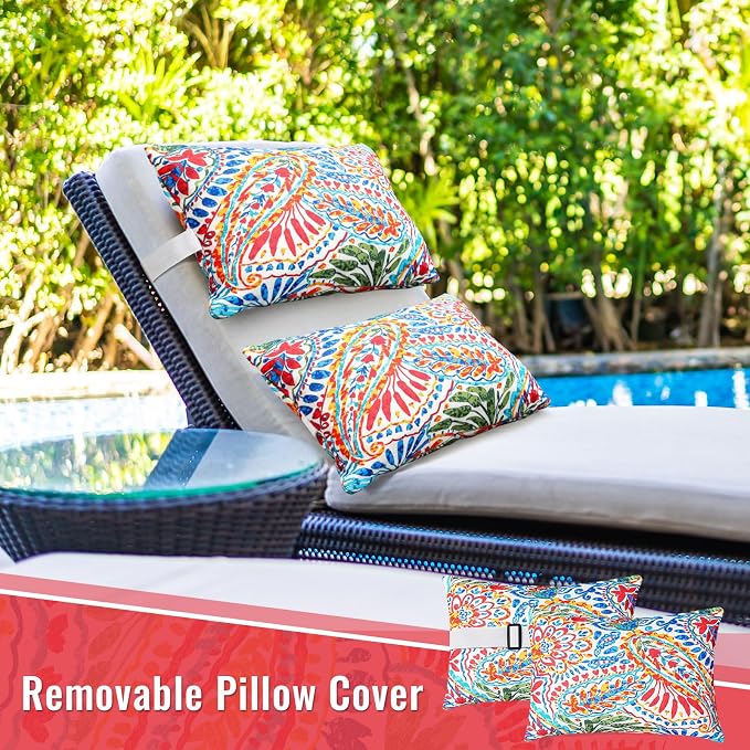 Juexica 2 Pack Chaise Lounge Pillow with Strap Outdoor Waterproof Beach Chair Neck Headrest Pillow Adjustable Elastic Band for Hammock Lumbar Recliner Pillows for Patio Pool Chair(Paisley)