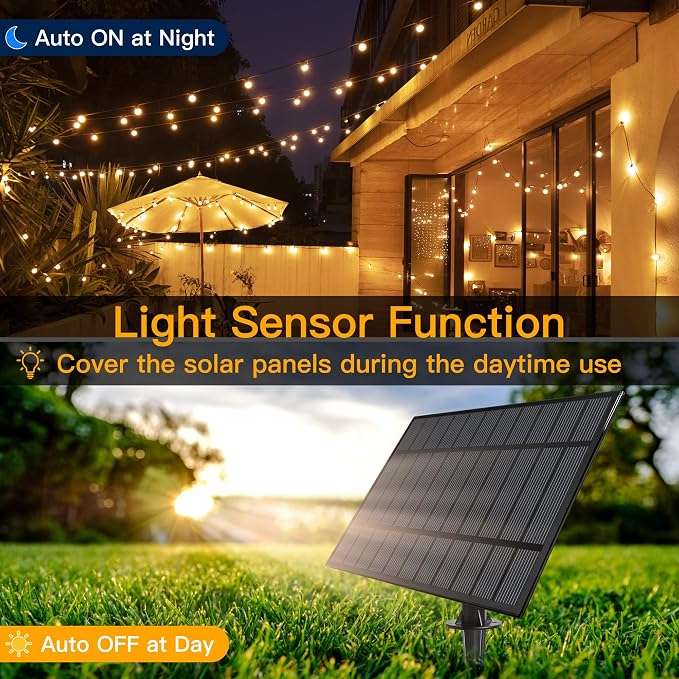 Ollny 2 Pack 60FT Solar Lights Outdoor, Waterproof Remote Control Dimmable Timers 3Modes String Light with 25 LED + 2 Spare Shatterproof Bulb, G40 Patio Lights for Outside Garden Yard Fence Porch