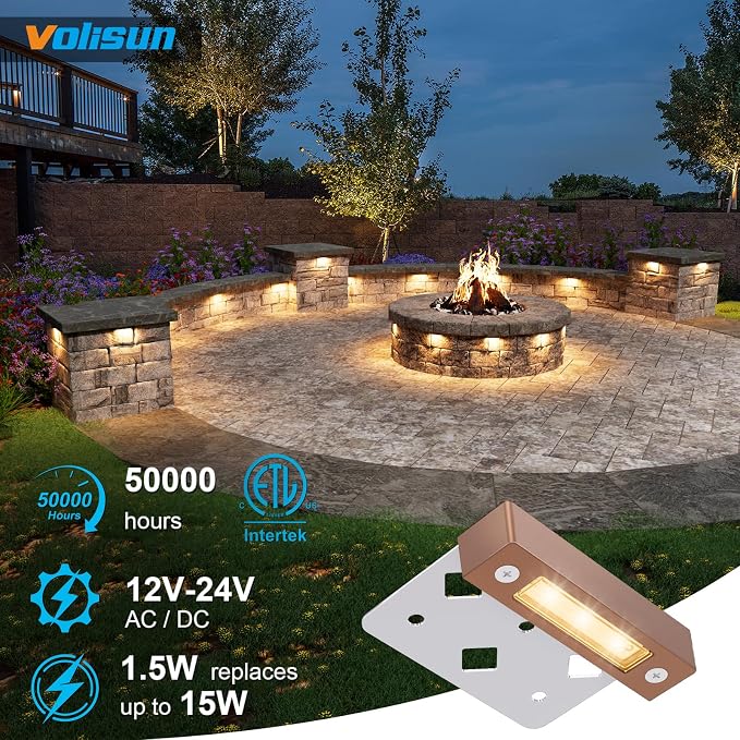 VOLISUN 7 Inch Retaining Wall Lights, 2700K Hardscape Lighting, 8 Pack | IP65 Waterproof, Cuttable Low Voltage Landscape Lighting, 12V Paver Lights, 1.5W Outdoor Step Lights, ETL
