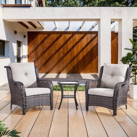 Belord Outdoor Furniture Set Patio Wicker Chairs, 3 Peices Porch Rattan Furniture with Side Table, Deep Seating Patio Bistro Chair Sets (Beige Cushion)