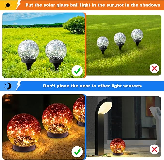 Solar Globe Lights Outdoor Waterproof-Solar Balls-Solar Garden Lights Orbs | Solar Globe Lights for Outside 6 Pack Cracked Glass Ball for Lawn Patio Yard Backyard Decorations