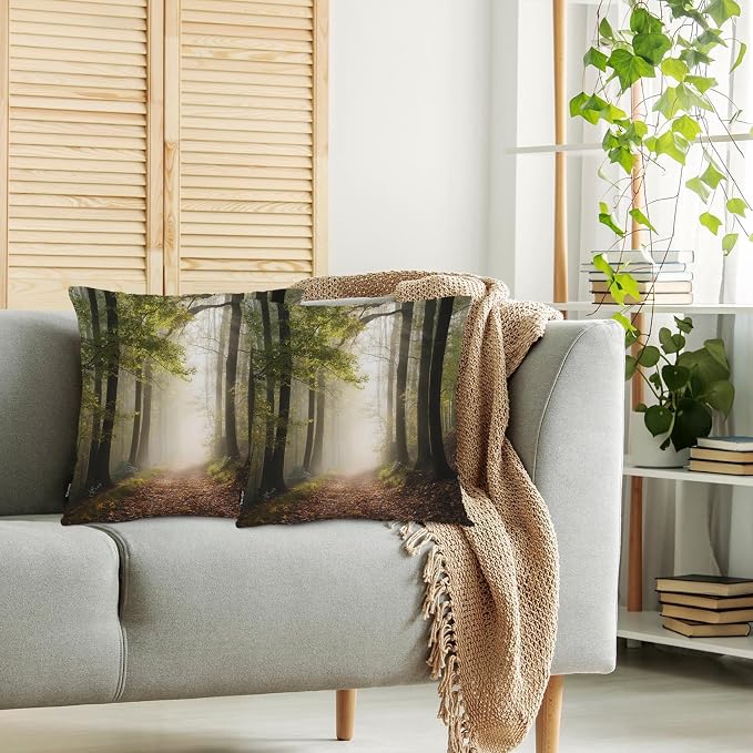 Swono Autumn Forest Decorative Throw Pillow Case 18" X 18", Misty Tree Woodland Mountain Standard Pillow Covers, Set of 2 Throw Pillowcase Cushion Covers for Couch Chair Bedroom Sofa Car Seats