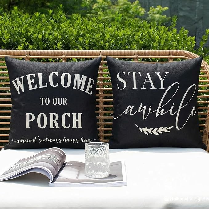 Front Porch Decor Pillow Black Outdoor Throw Pillow Covers Waterproof 18x18 | Set of 2, No Inserts, Stay Awhile Sign, Patio, Weather Resistant Outdoor Pillows, Welcome Sign for Front Porch