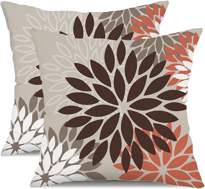 DFXSZ Outdoor Waterproof Pillow Covers 18x18 Set of 2 Brown Red Flower | Spring Summer Waterproof Flower Throw Pillowcases（No Inserts）Outdoor Decor for Patio Funiture Garden Polyester Covers