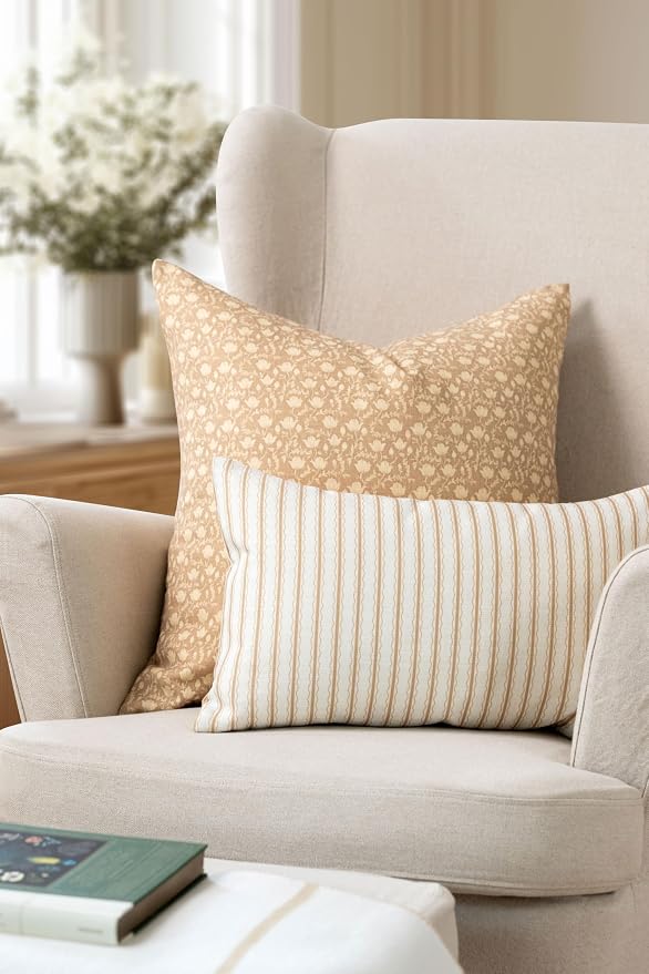 Modern Farmhouse California Casual Indoor Outdoor Throw Pillow Cover, 22"x22" Water Repellent for Patio, Backyard, Couch, Poolside, Ivory Cream Tan Print Botanical Flowers and Leaves