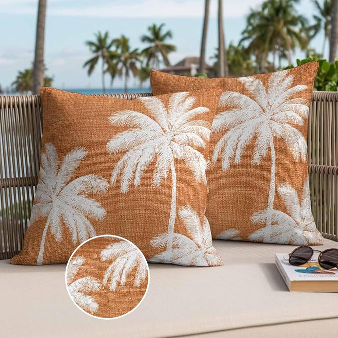 Outdoor Pillow Covers 18x18 Inch Set of 2, Burnt Orange Palm Trees Waterproof Throw Pillow Covers, Farmhouse Tropical Summer Beach Decorative Cushion Pillowcases for Couch, Sofa, Bed, Garden, Patio