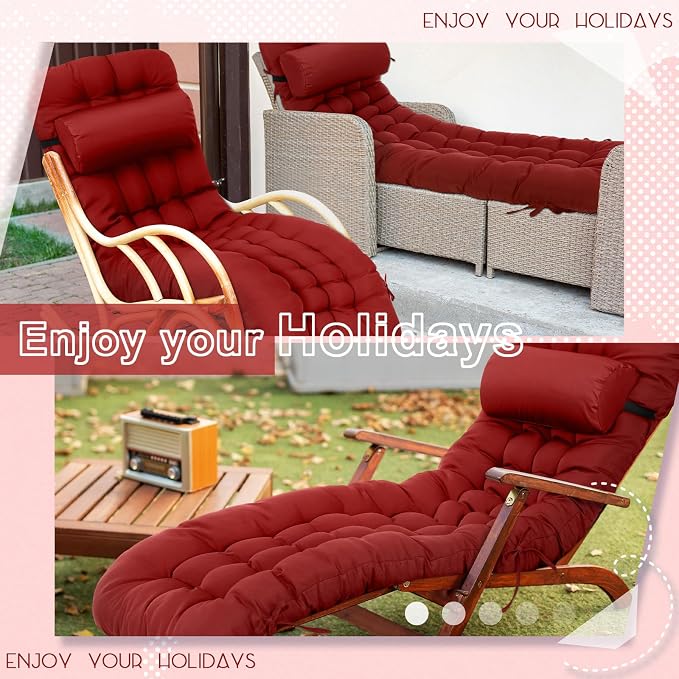 Tudomro Outdoor Chaise Lounge Cushion 66x21x4'' Waterproof & Fade-Resistant Patio Pool Chaise Lounge Cushion Headrest Pillow Tie Replacement Rocking High Back Chair(Burgundy,1 Pcs)