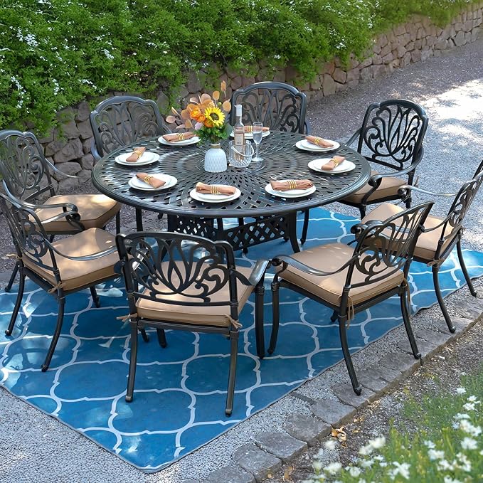 MEETWARM Outdoor 61" Round Patio Dining Table, All Weather Cast Aluminum Large Patio Furniture Table Fits for 6-8 Person with 2" Umbrella Hole, Dark Bronze