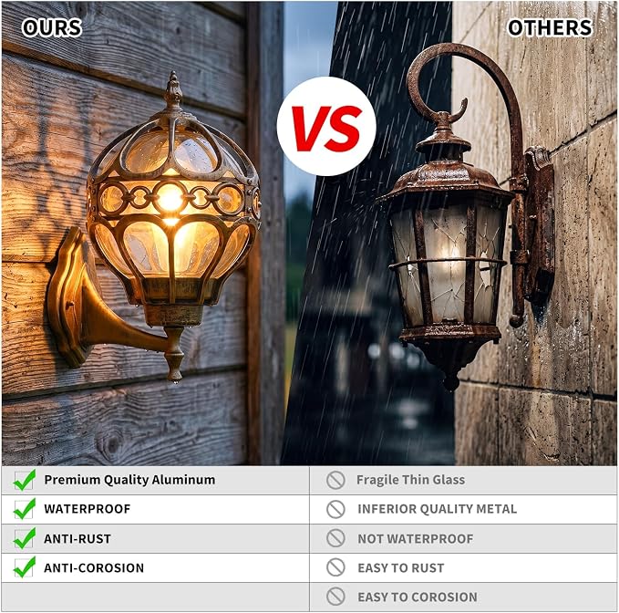 2 Pack Brushed Gold Globe Die Cast Aluminum Outdoor Wall Lights | Anti-Rust Waterproof Hardwired Exterior Wall Sconce with Amber Glass, Outside Wall Lantern for Patio, Porch, Backyard
