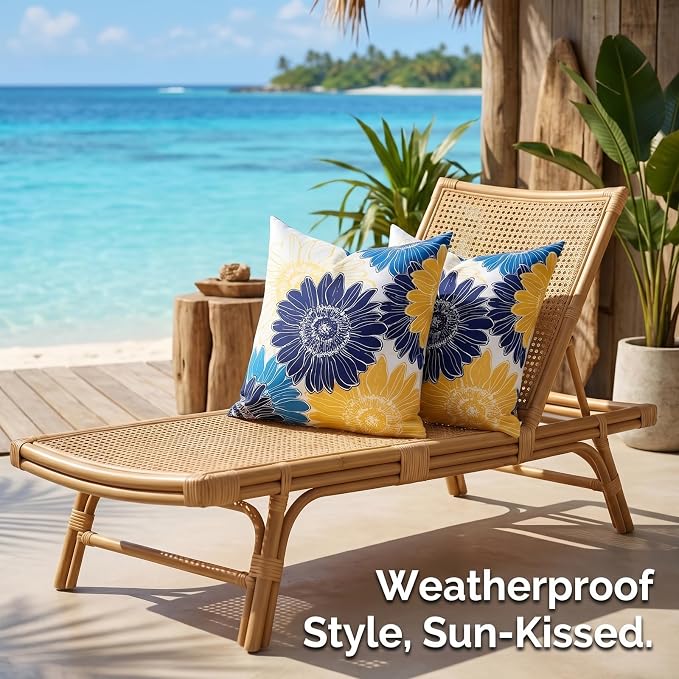 Decorative Floral Throw Pillow Covers Outdoor Waterproof Blue Yellow Sunflower Pillow Covers 16x16 Set of 2 Square Summer Garden Cushion Throw Pillowcase for Patio Furniture Garden Tent Balcony Bench