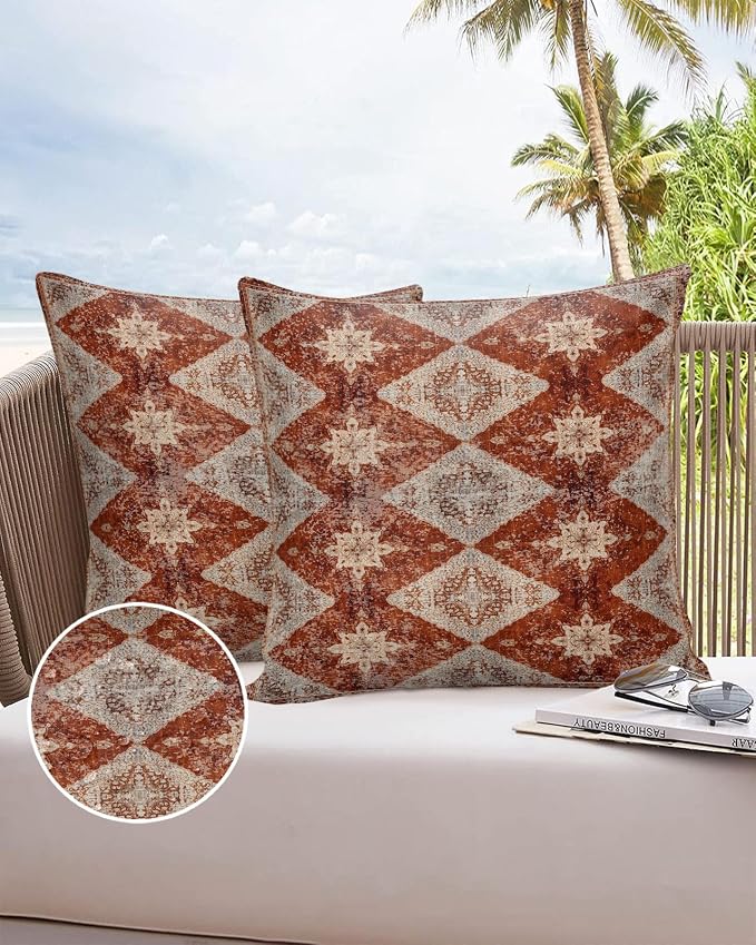 Outdoor Waterproof Pillow Covers Set of 2, Medieval Turkish Patterns Vintage Mural Wallpaper Patio Throw Pillow Covers, Decorative Cushion Case for Couch Sofa Furniture Garden, 24x24 Inch