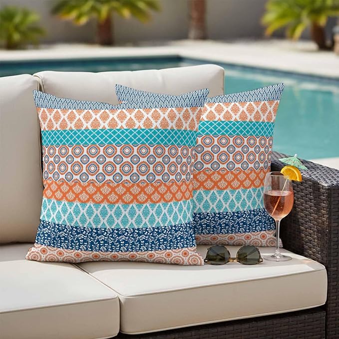 Geometric Bohemia Outdoor Pillow Covers Set of 2 Stripes Orange Turquoise and Blue Waterproof Throw Pillow Cover Decorative Cushion Cases for Patio Porch Garden 20X20 Inch