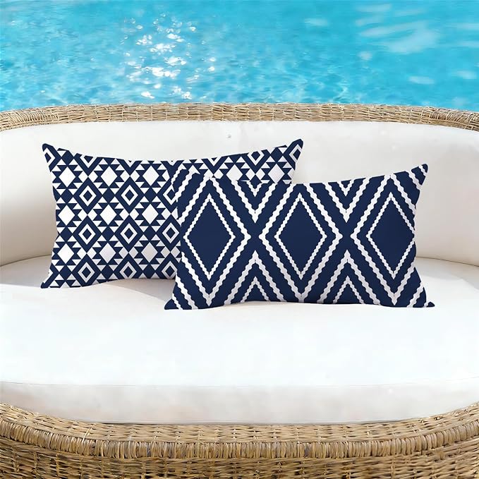 NIGHTWISH Outdoor Waterproof Pillow Covers 12x20 Set of 4 Navy Blue and White Modern Geometry Decorative Outdoor Throw Pillows Boho Cushion Cases for Patio Furniture Bench Couch Sunbrella