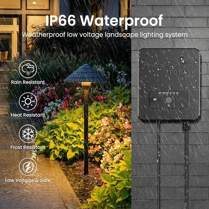 All-in-One Low Voltage Landscape Lighting Kit, 5W Outdoor Lights 2700K | Pathway Lights with 96W Transformer, IP66 Waterproof LED Landscape Lights Dusk to Dawn, Patio Lights for Yard Garden, 12-Pack