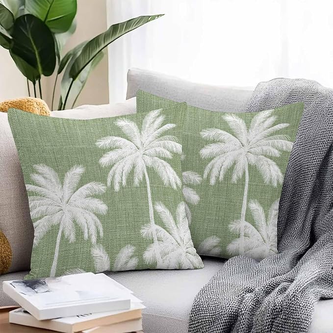 Outdoor Pillow Covers 16x16 Inch Set of 2, Dark Sage Green Palm Trees Waterproof Throw Pillow Covers, Tropical Summer Beach Decorative Cushion Pillowcases for Couch, Sofa, Bed, Garden, Patio