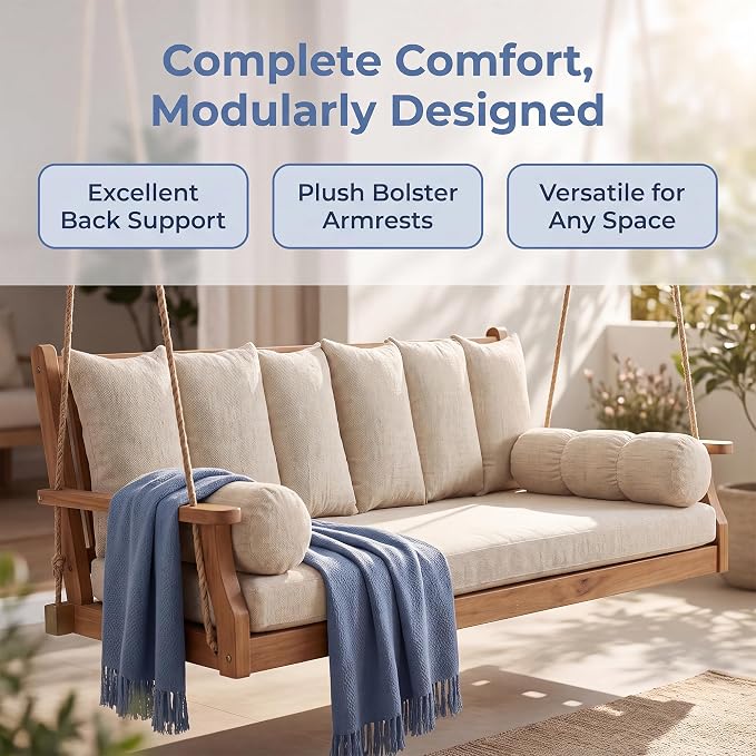 4 PCS Porch Swing Cushion Set with Removable Cover | Shredded Foam Filled Daybed Cushion. Soft Supportive Hanging Chair Cushion Replacement for Porch, Garden, Bedroom, Beige
