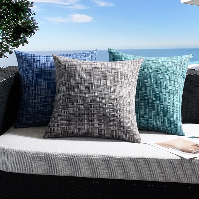 UGASA Outdoor Waterproof Throw Pillow Covers Pack of 2 Patio Water Resistant Pillow Cases Summer Woven Texture Decorative for Outside Garden Porch Yard Bench Tent 20x20 Inch, Grey