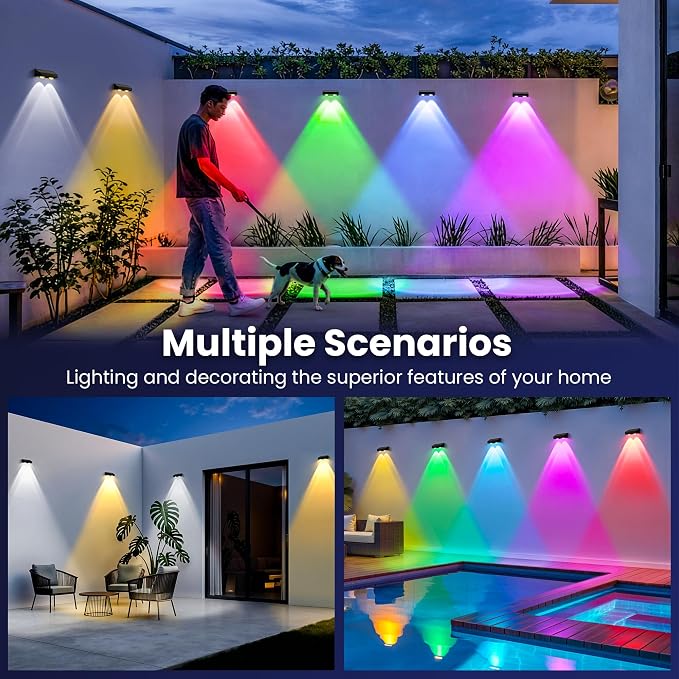 Solar Fence Lights Outdoor, Color Changing, Waterproof IP65, 4 Pack | 11 Modes, 9 Colors 50 LM Solar Lights Waterproof with LED Focus Lens for Wall Backyard Deck Patio Porch Step Pool Decor