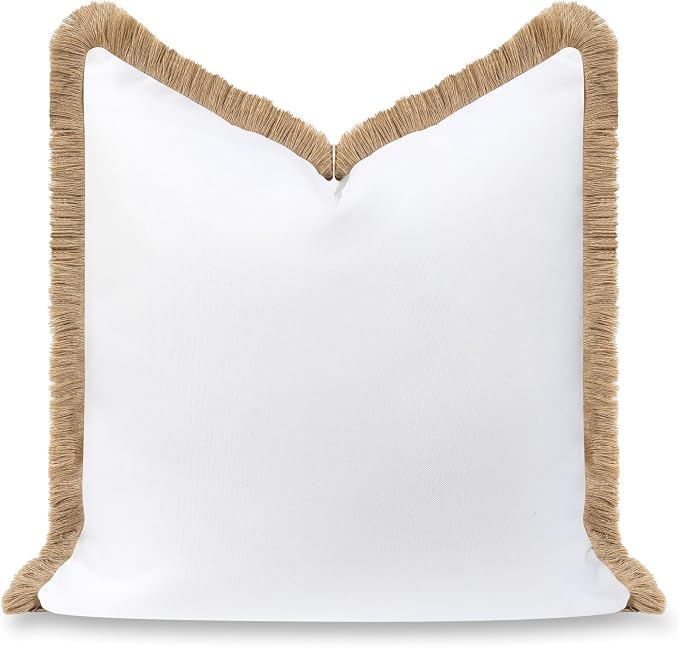 Hofdeco Premium Coastal Hampton Patio Indoor Outdoor Throw Pillow Cover Only, 22"x22" Water Repellent for Backyard, Couch, Poolside, White Neutral Tan Solid