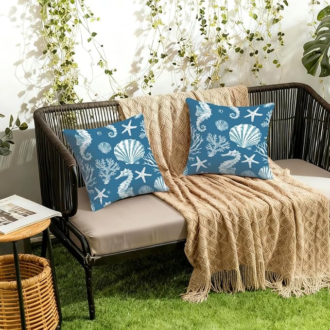 Waterproof Outdoor Pillow Covers Patio Throw Pillow Cases 18x18 Sea Shell | Decorative Throw Pillows Patio Cushion Covers Set of 2, 18x18 Outdoor Pillow Inserts Cover for Couch Chair