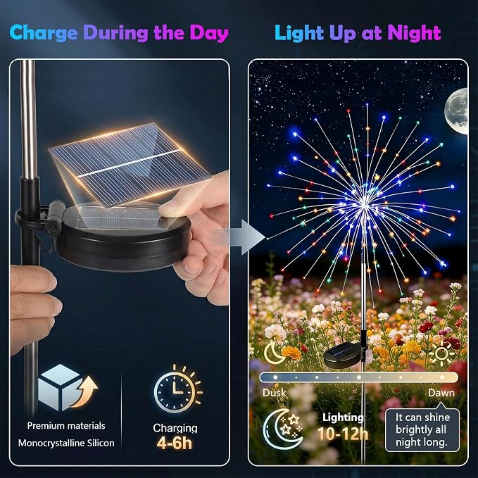Solar Firework Lights Outdoor, Adjustable 32" to 51" Extra Tall, 200 LED Stainless Steel 3-Section Pole, 8 Modes Waterproof Starburst Garden Lights for Yard Pathway Walkway Decor(Color 6 Pack)