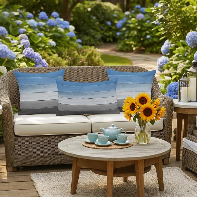 Blue Gray Outdoor Pillow Covers 24x24 Inch Throw Pillow Covers Set of 2 Waterproof Decorative Pillow Cases Vintage Farmhouse Gradient Wooden Grain Art Cushion Covers for Patio Furniture Garden Couch