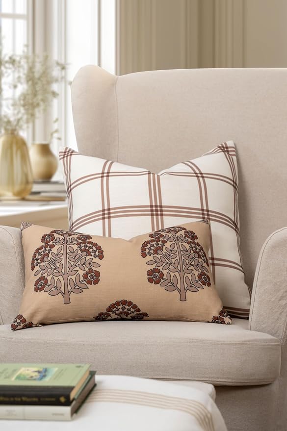 Crumbs Home Modern Farmhouse California Casual Indoor Outdoor Throw Pillow Cover, 22"x22" Water Repellent for Patio, Backyard, Couch, Poolside, Earth Tone Brown Dark Khaki Print Plaid