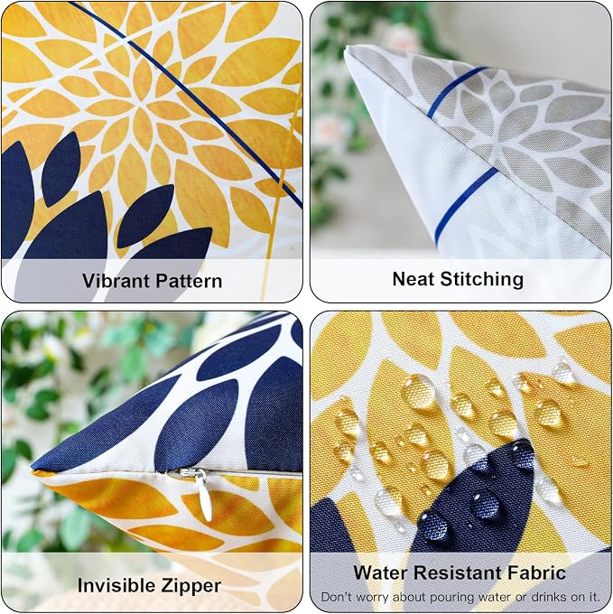 OTOSTAR Outdoor Dark Blue Yellow Pillow Covers 18x18 Inch Set of 2 Light Grey Flower Throw Pillows Geometric Dahlia Floral Square Cushion Case Waterproof Decor for Sofa Patio Funiture Garden