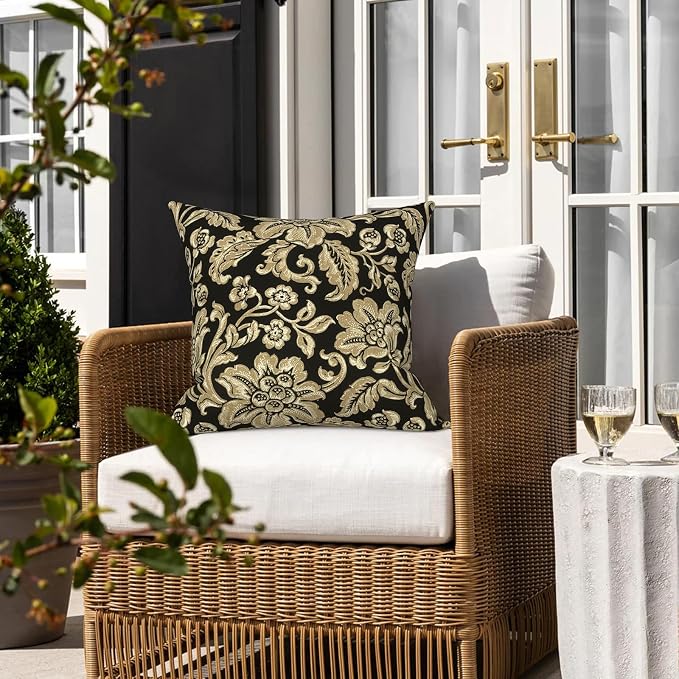 LVTXIII 2 Pack Outdoor Pillows 18x18 Inch, Square Throw Pillows with Inserts, Decorative Water-Repellent Pillow Cushions for Patio Furniture and Garden Sofa, Jacobean Black