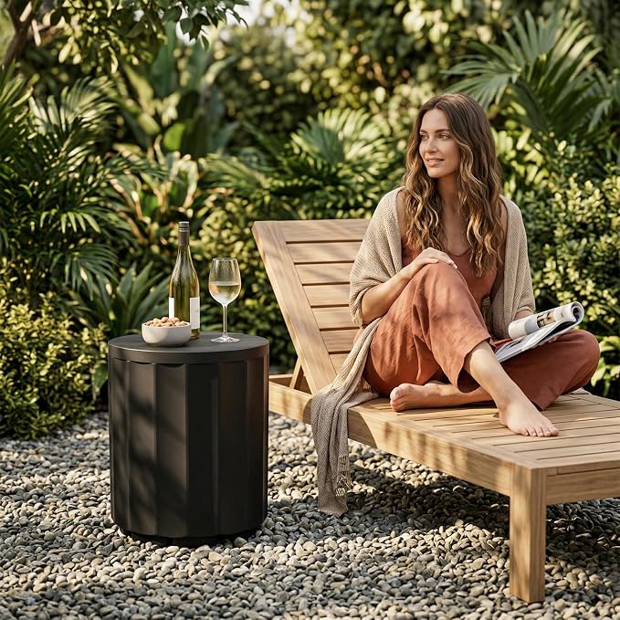 Outdoor Cooler Side Table, 2 in 1 Ice Chest Cooler Table All Weather Resistant | Dense Fluted Cooler Side Table with Hangable Lid for Patio Decor, Deck, BBQ, Beach | Black
