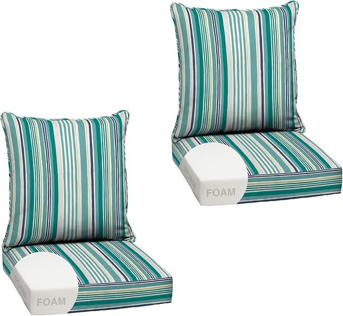 Arden Outdoor Deep Seat Cushion Set, Foam, 24x24, Teal Cobalt Stripe | 2-Pack, Sofa, Couch, Conversation Set, Premium High-Density Foam, Never Flattens, Mold and Mildew Resistant