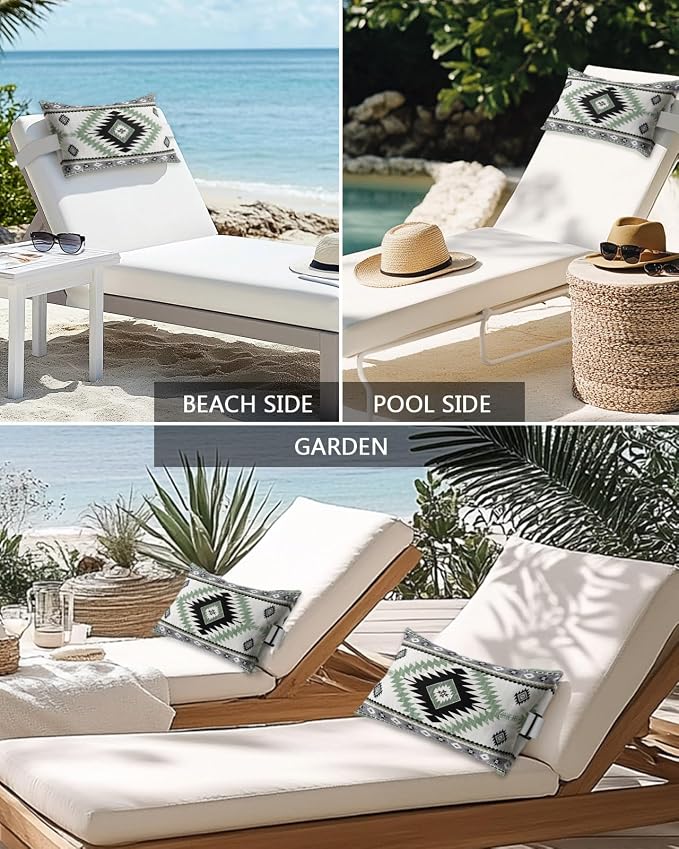 Outdoor Pillows Waterproof Covers Set of 2, Sage Green Bohemian Adjustable Elastic Chaise Lounge Headrest Pillow Covers, Aztec Boho Tribal Decorative Lumbar Pillow for Pool Patio Furniture 11x16 Inch