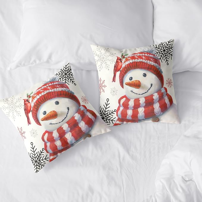 Christmas Snowman Pillow Covers 16x16 Set of 2 Lovely Red Snowman with Cardinal Bird Snowflake Cushion Case Winter Holiday Throw Pillow Covers for Living Room Bedroom Sofa