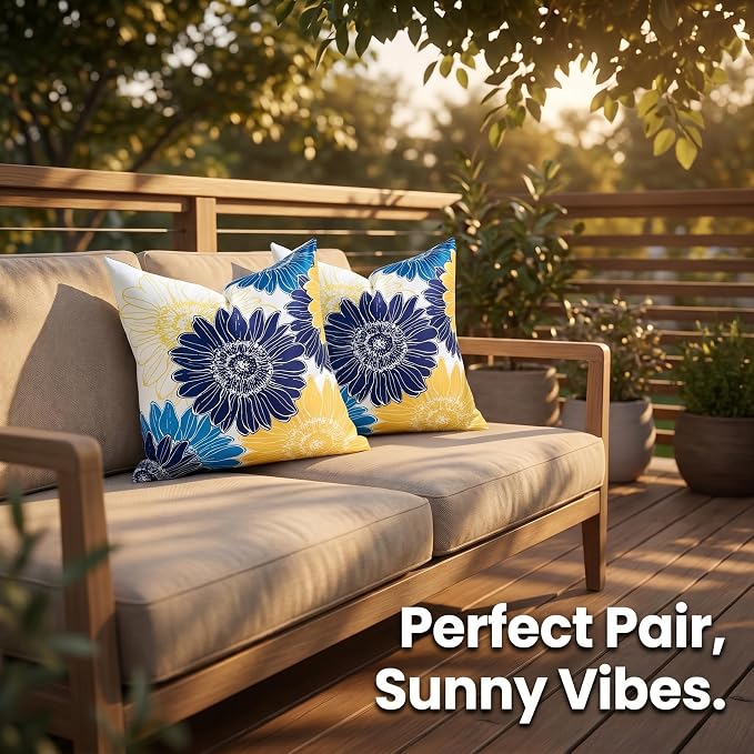Outdoor Pillow Covers Summer Waterproof Sunflower Throw Pillow Covers 20x20 Decorative Blue Yellow Floral Cushion Covers Square Garden Throw Pillowcase Set of 2 for Patio Furniture Tent Balcony Bench