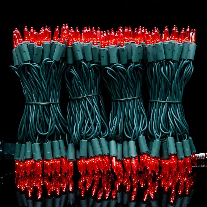 YULETIME 200 Red LED Christmas Lights, 66 ft Green Wire UL String Light | Stay Lit, End-to-End Connectable, UL Certified, Commercial Grade, 1-Strand 200 Lights, 4" Spacing