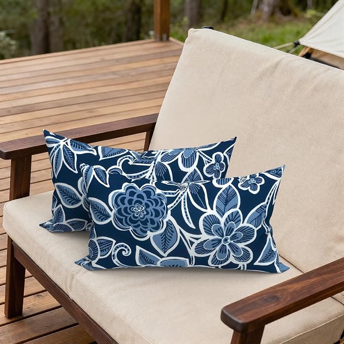 Outdoor Lumbar Pillows, Water Repellent Cushion Pillows 12x20 Inch, Outdoor Pillows with Inserts for Home Garden, Pack of 2, Flower Navy