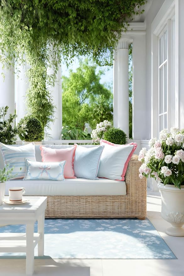 Hofdeco Premium Coastal Grandmillennial Patio Indoor Outdoor Lumbar Pillow Cover Only, 12"x20" Water Repellent for Backyard, Couch, Poolside, Baby Blue Pink Embroidered Ribbon Bow Tie on Leaves